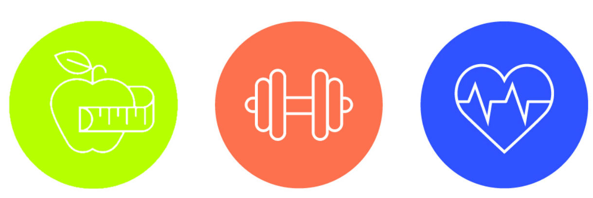 Iconos fundamentales de un buen entrenamiento personalizado, ingerir alimentos adecuados, ejercitarse para así llevar una buena salud