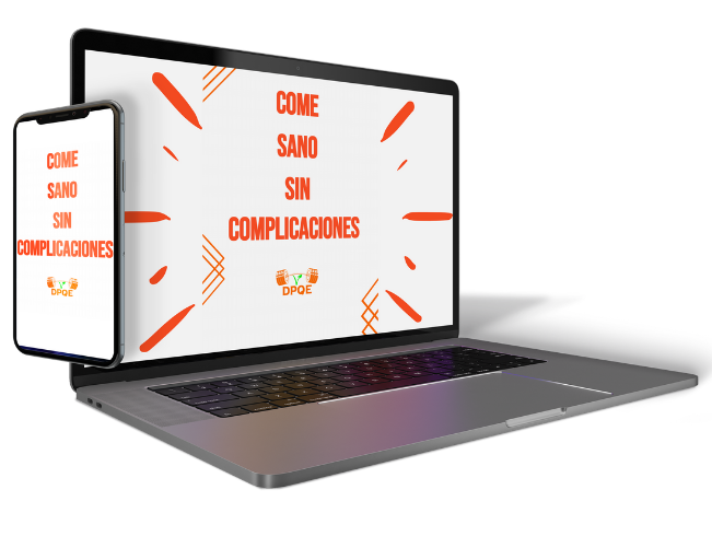 Imagen de una laptop y un teléfono en el que se muestra una promoción del E-Book Come Sano Sin Complicaciones